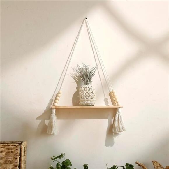 2 Pack Wooden Wall Hanging Shelves - Macrame Hanging Plant Shelf with Tassel - Picture 3 of 7